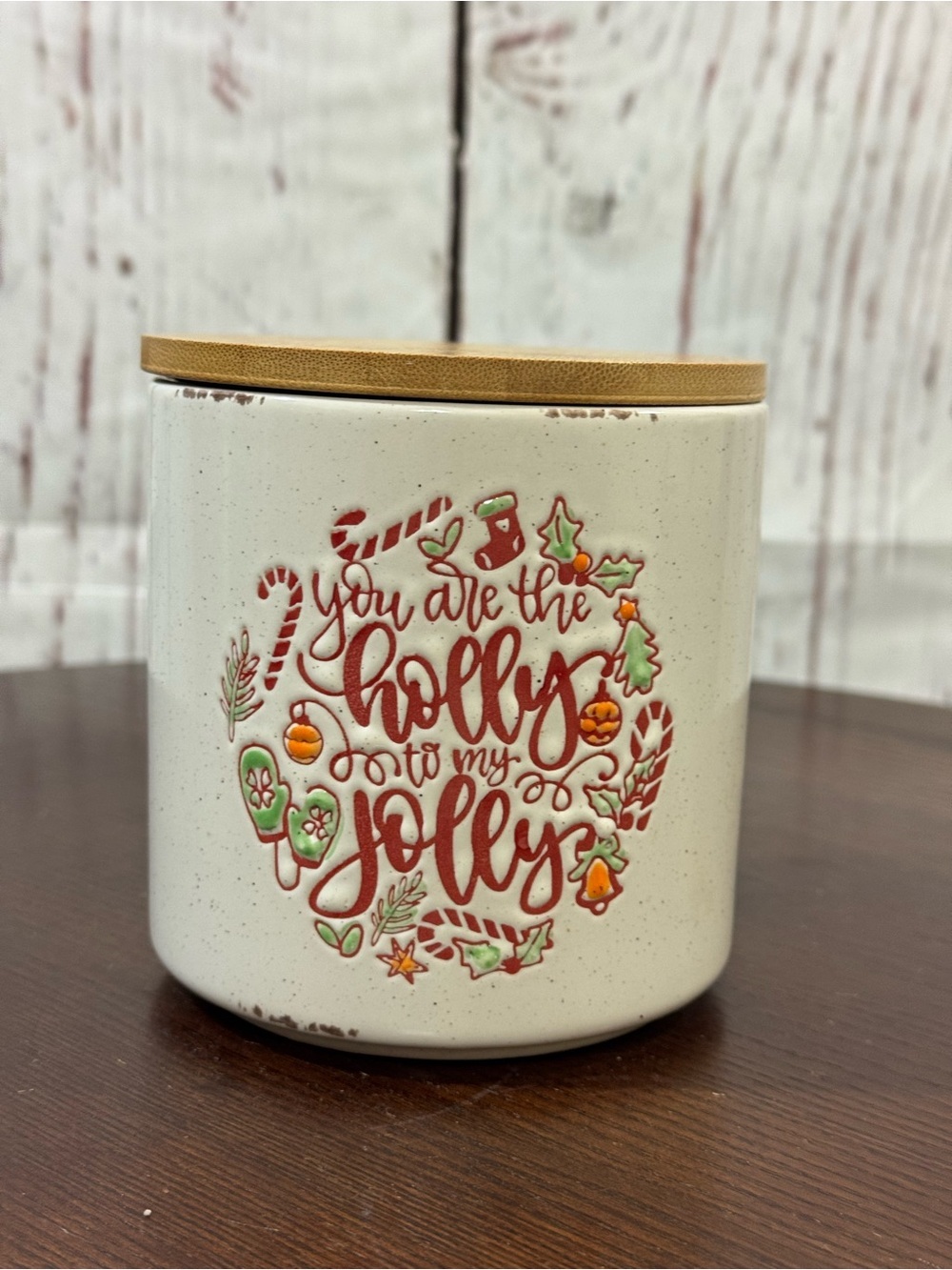InHomeStylez Ceramics Cookie Jar Bamboo Lid - “You Are the Holly to My Jolly”
